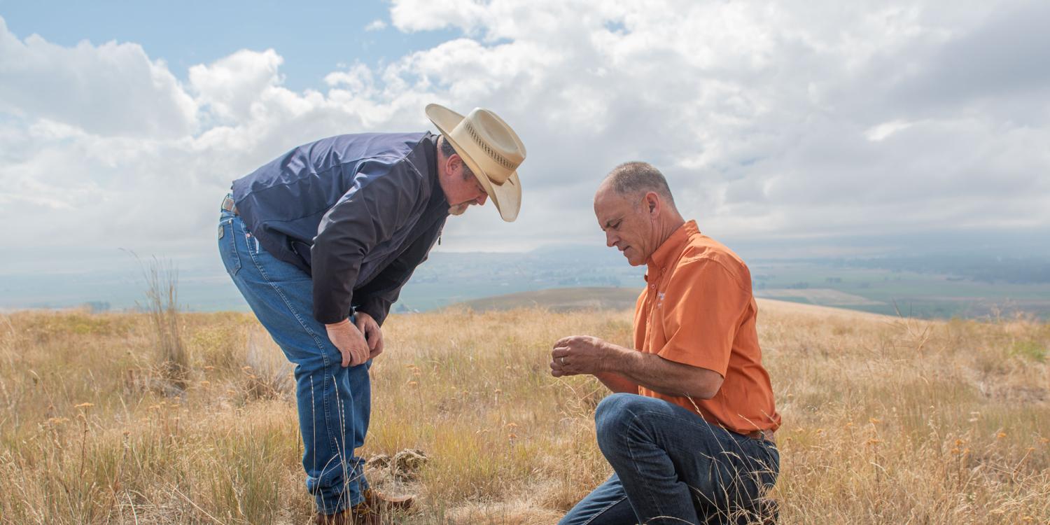 Pete Schreder, professor and Extension rangeland ecologist and livestock specialist in Union and Wallowa counties, visits Todd Nash at Nash's ranch in Wallowa County.