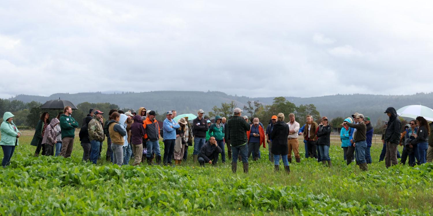 armers and agricultural professionals gather in a field during a pasture management farm tour on a cloudy day.