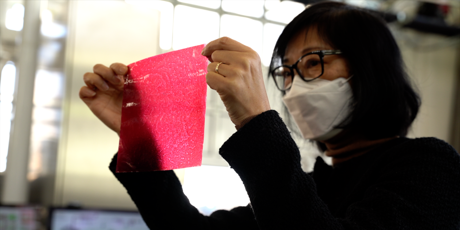 A woman wearing glasses and a face mask holds up a thin, translucent red sheet made from apple pomace, inspecting it in the light.