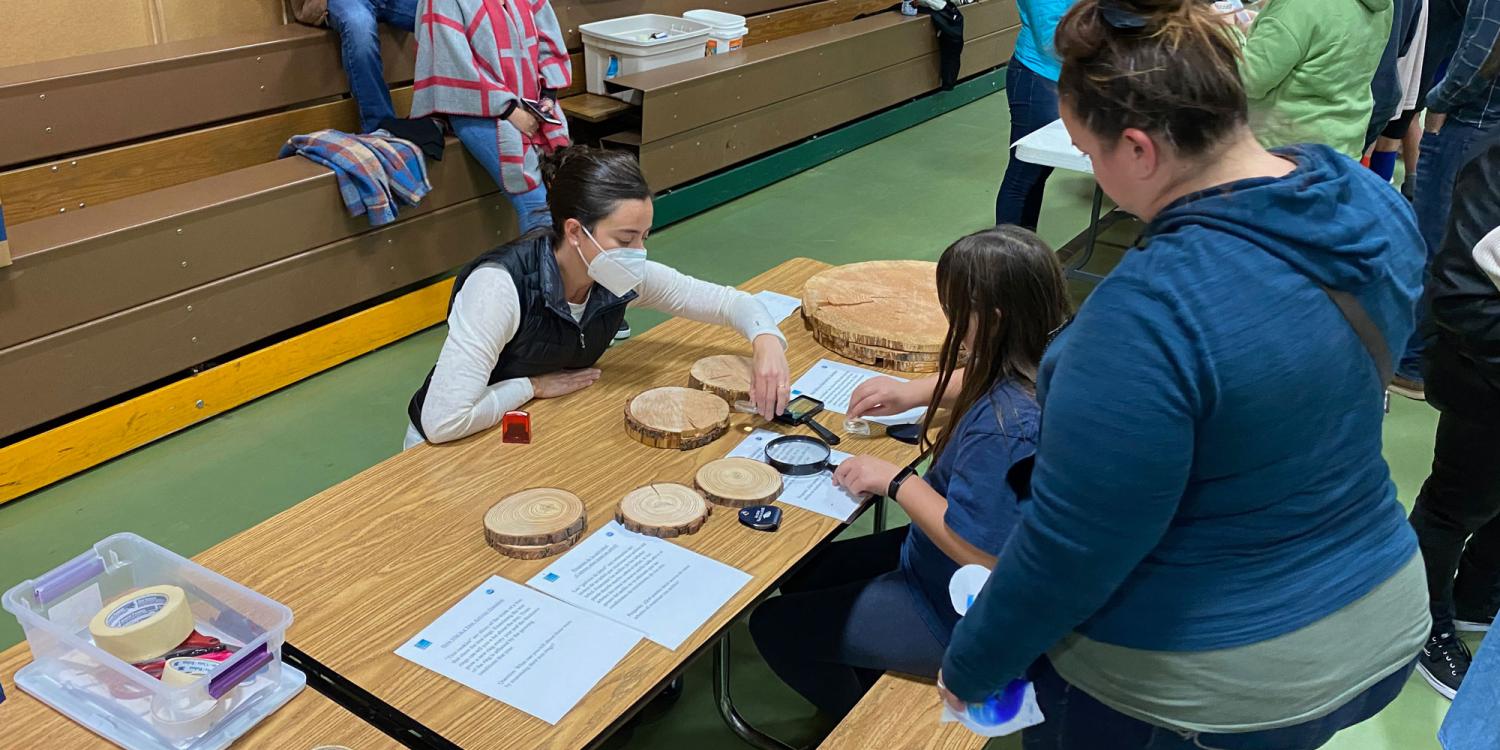 A woman wearing a mask helps a child examine tree ring samples with magnifying glasses during a family math and science night event.