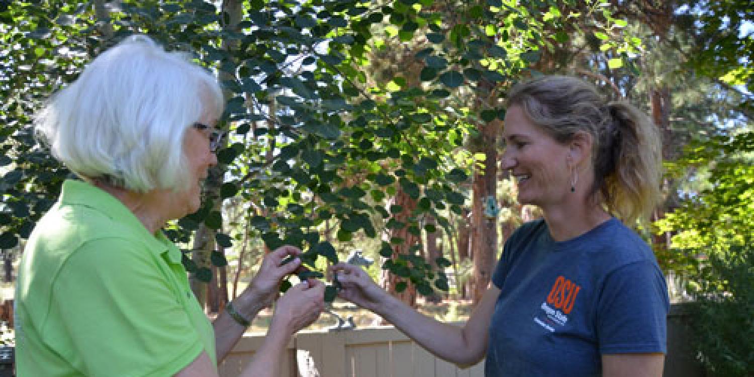 OSU Extension faculty Amy Jo Detweiler (right) gives advice to Master Gardener Deb Goodall.