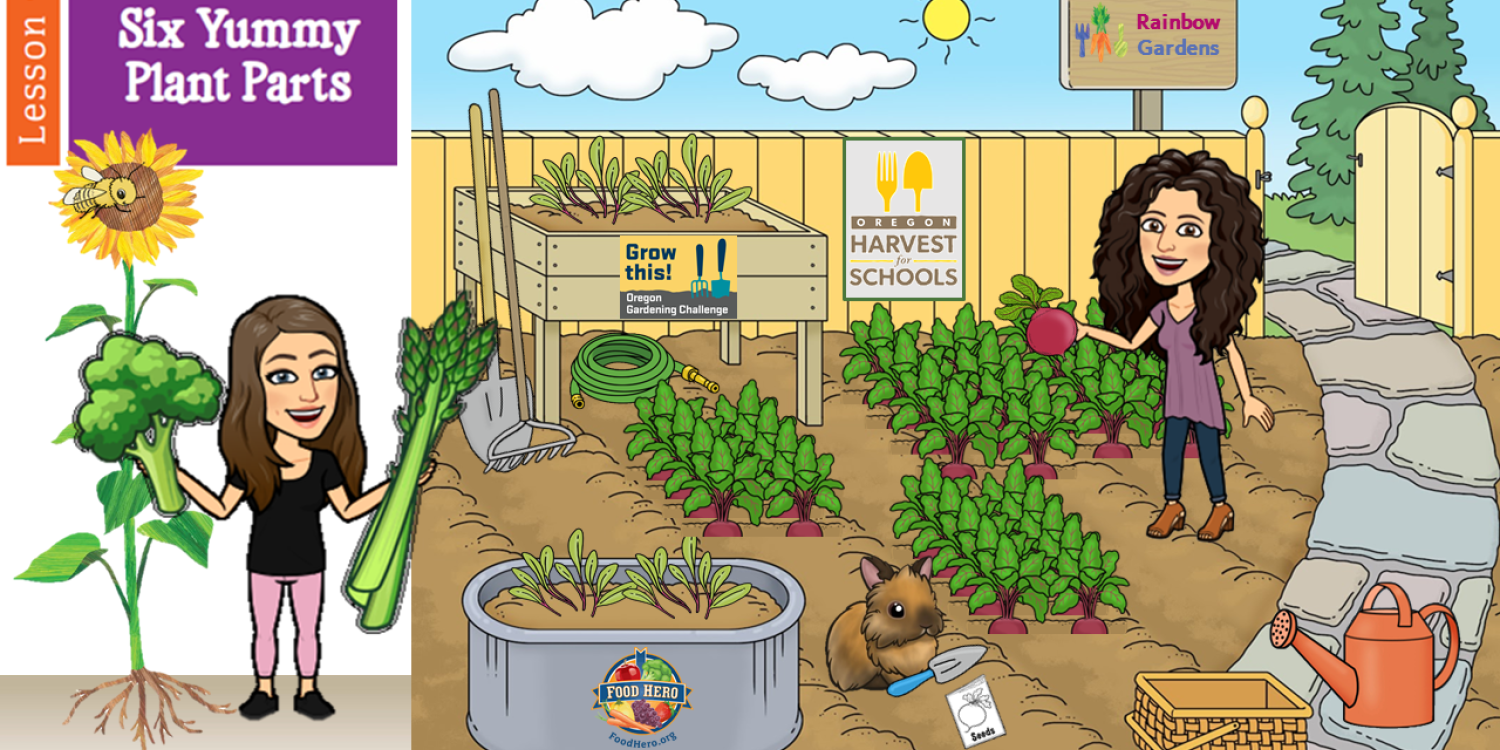 An illustration for Growing Healthy Kids shows OSU Extension faculty in a vegetable garden, holding broccoli, asparagus and radishes.