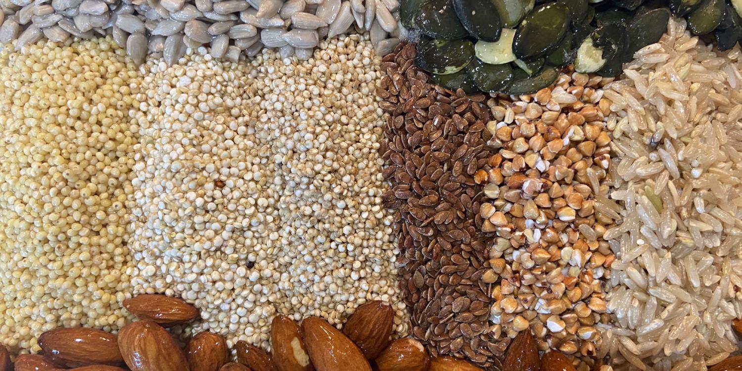 Soaked almonds, sunflower seeds and other grains and nuts.