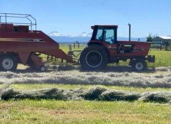 A tractor pulls a hay baler through a sunny field, forming rows of cut hay with snow-capped mountains visible in the background.