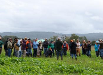 armers and agricultural professionals gather in a field during a pasture management farm tour on a cloudy day.