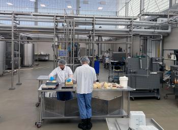 Workers in hairnets and gloves process dairy products at a stainless-steel workstation inside a modern dairy processing plant with large tanks and piping.