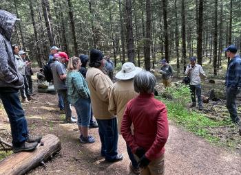 Group of adults stands on a forest trail listening to presenters discuss forest conditions during an outdoor field tour among dense evergreen trees.