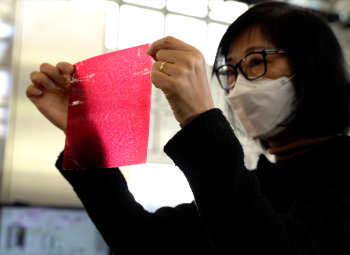 A woman wearing glasses and a face mask holds up a thin, translucent red sheet made from apple pomace, inspecting it in the light.