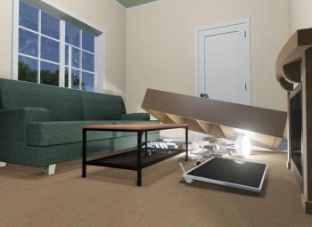 A virtual reality rendering of a living room shows earthquake damage with a toppled bookcase, scattered items, and a fallen TV.