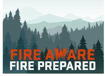 An illustration of mountains and trees with text that says "Fire Aware Fire Prepared"